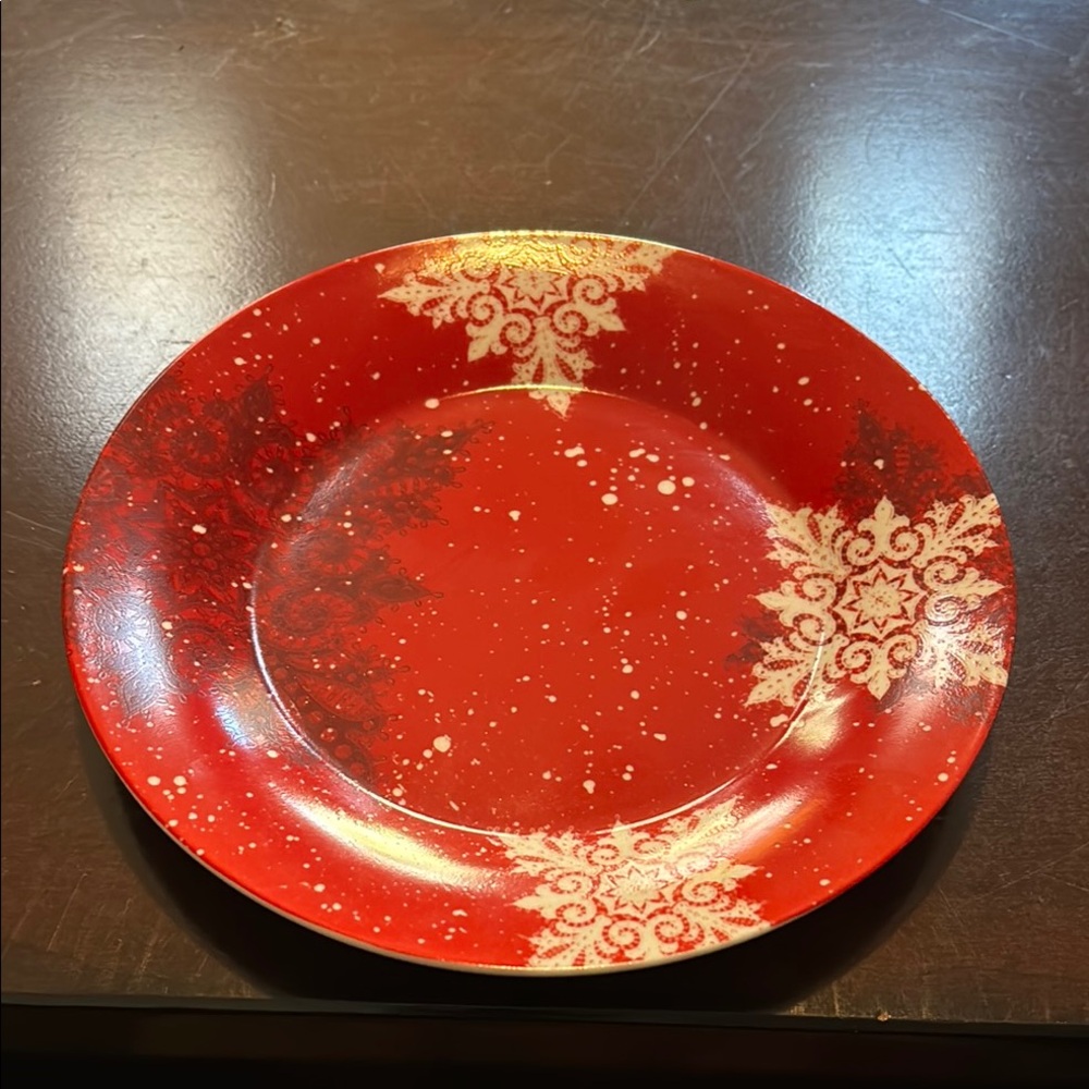 Studio 33 red 7.5 inch ceramic snack plate with white and black snowflakes